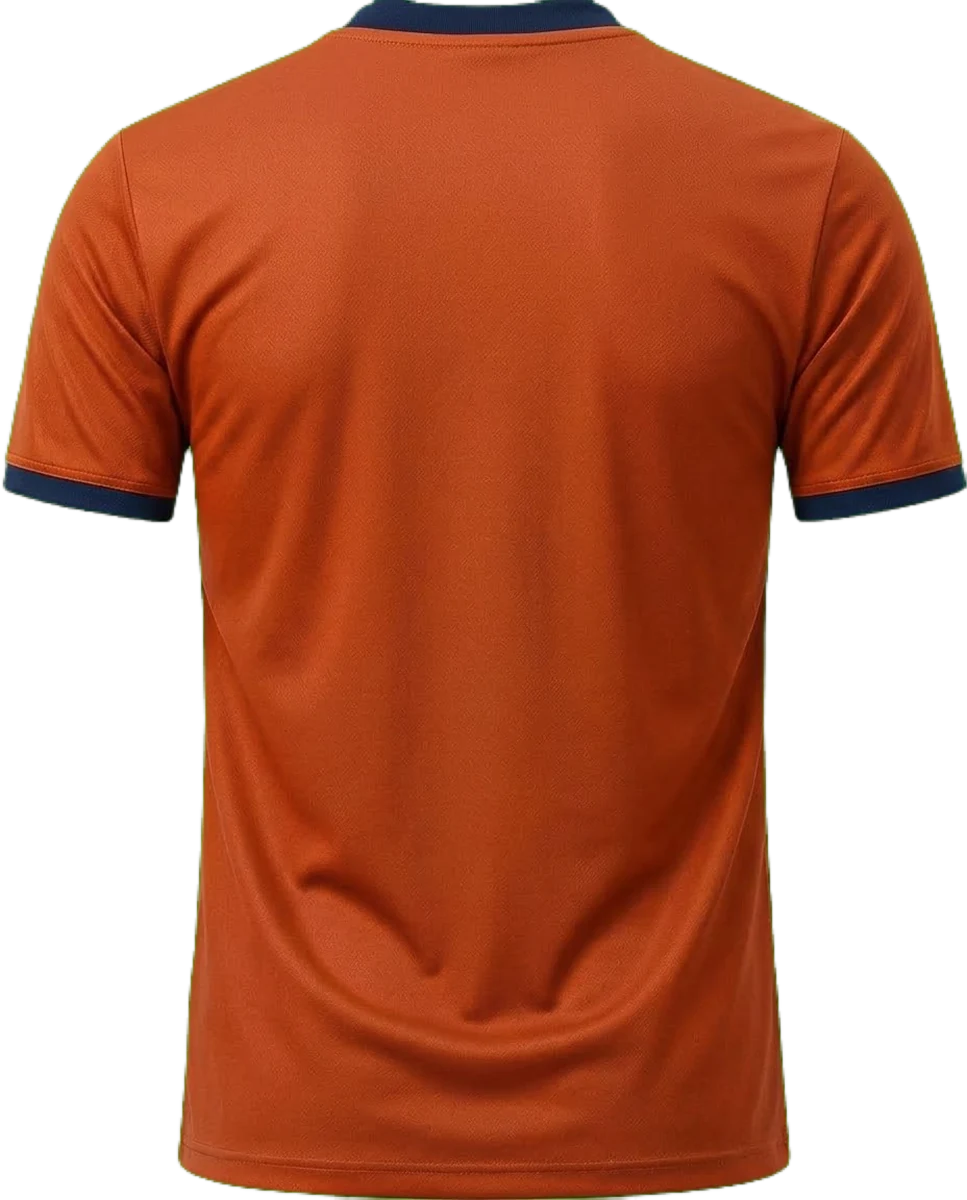 Orange and navy shirt, back view