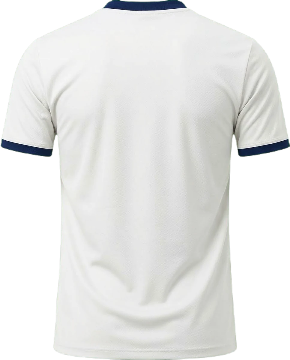 White and navy shirt, back view